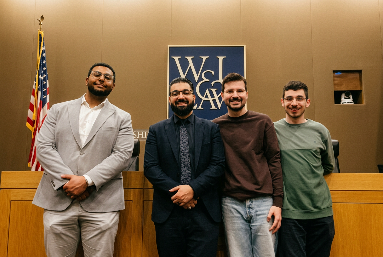 Jalal Moughania with students in a law school courtroom